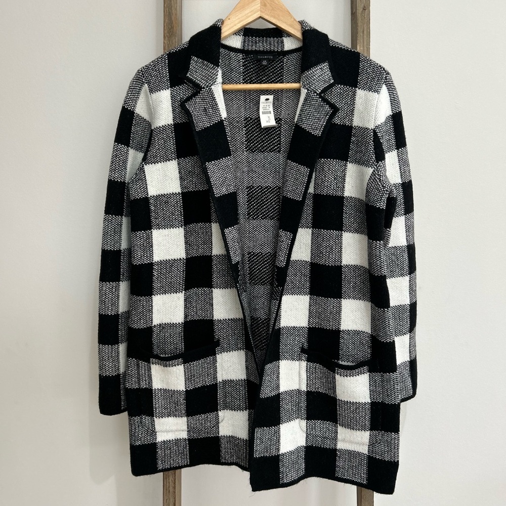 Talbots Notch Collar Sweater Jacket Open Front Cardigan Buffalo Plaid XS NWT
